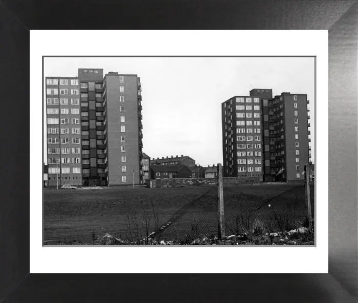 Framed Print : Print of The Wingate Towers flats from Liverpool Road, Huyton Framed Print : Print of The Wingate Towers flats from Liverpool Road, Huyton