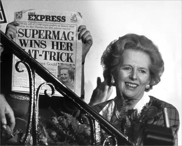 MARGARET THATCHER CELEBRATES HER THIRD GENERAL ELECTION WIN AT CONSERVATIVE CENTRAL