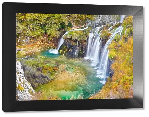Waterfall in Plitvice Lakes National Park, autumn landscape, Croatia, UNESCO