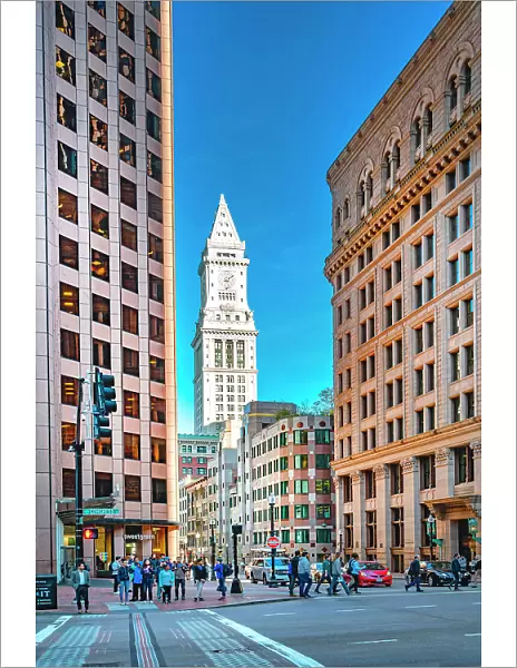 Massachusetts, Boston, street scene with Custom House Tower in the background