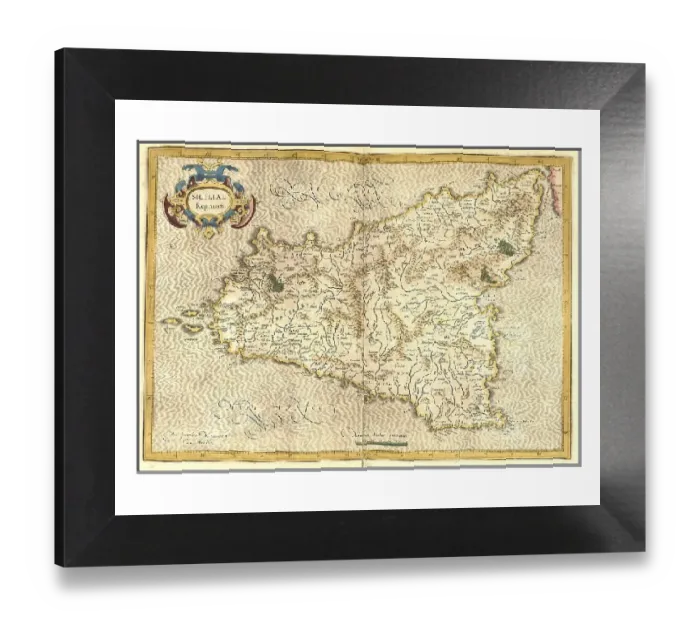 Framed Print : Gerhard Mercator's 1623 Engraving Print of Sicily Framed Print : Gerhard Mercator's 1623 Engraving Print of Sicily