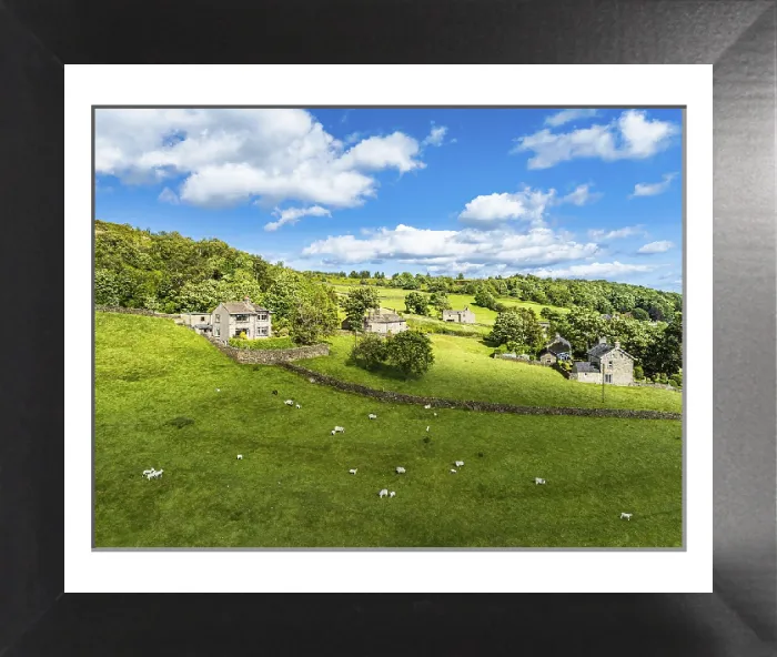 Framed Print : Farms and Fields Print over Cononley River Aire, Keighley Framed Print : Farms and Fields Print over Cononley River Aire, Keighley