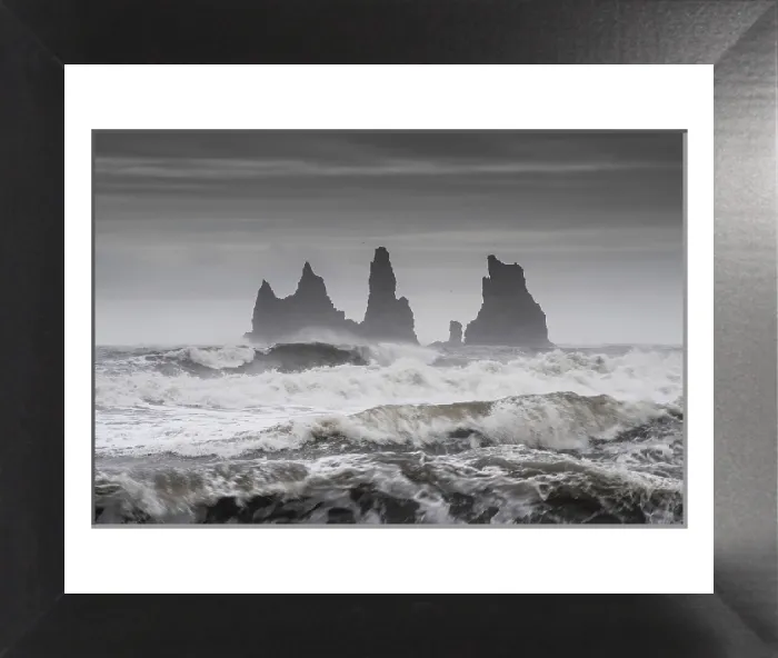 Framed Print : Storm with strong surf, rock needles Print, South Iceland Framed Print : Storm with strong surf, rock needles Print, South Iceland
