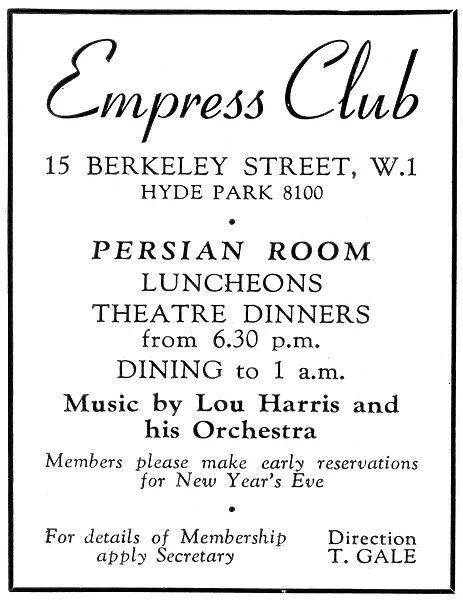 Advertisement for The Empress Club, 13 Berkeley Street