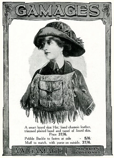 Advert for Gamages lizard skin accessories 1909
