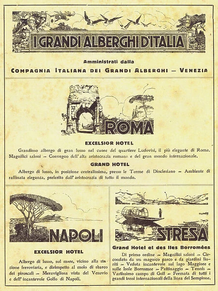 Advertisement for hotels in Rome, Naples and Stresa, 1924