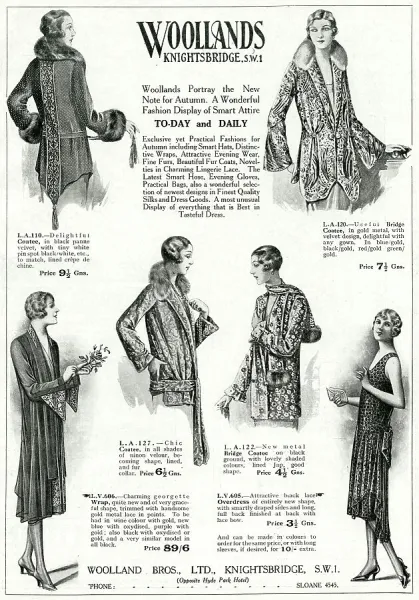 Advert for Woollands women's evening coats 1929