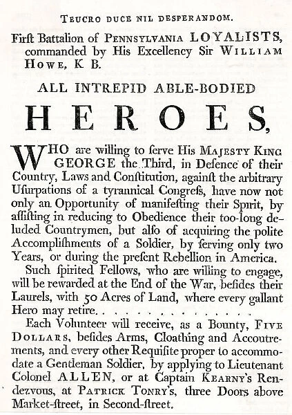 America - Text showing Sir William Howes Recruitment Poster