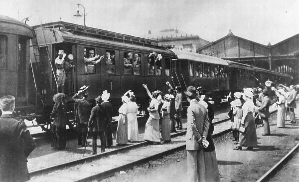 Austrian troops leaving by train for the front, WW1