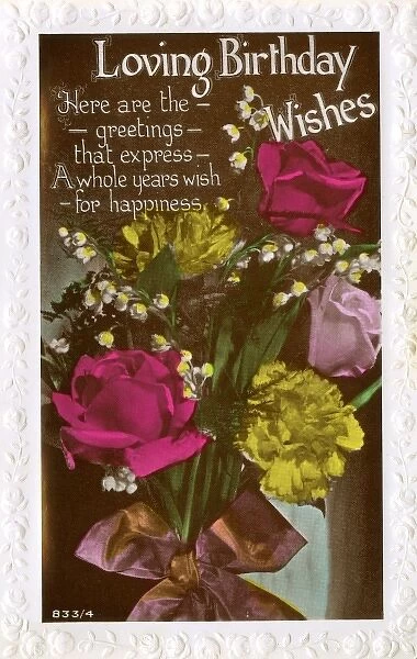 Birthday card with roses, carnations and lily of the valley