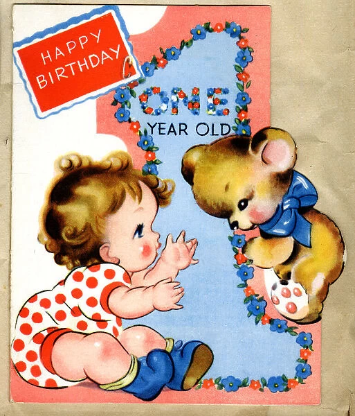 Birthday Card, One Year Old, Baby and Teddy Bear
