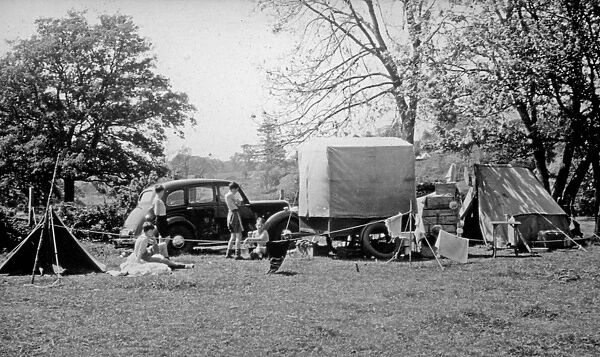 Boys camping with tent and car #14394324 Framed Framed Prints