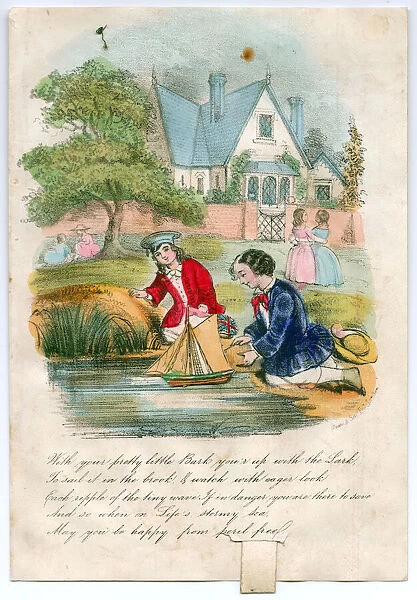 Boys sailing a model boat on a greetings card