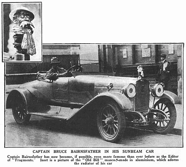 Bruce Bairnsfather in his Sunbeam with Old Bill mascot