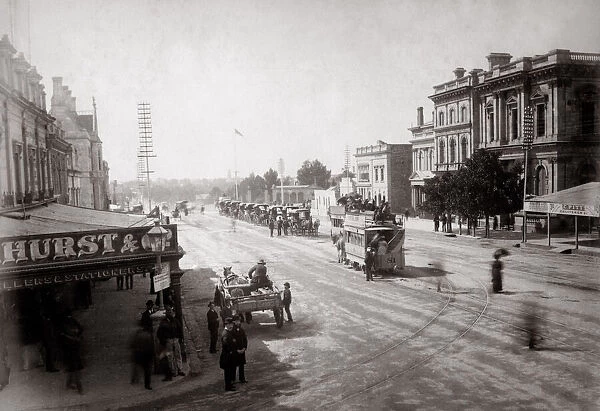 c. 1880s Australia, street scene in Adelaide with trams and hackney carriages