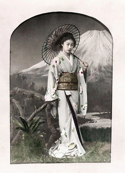 c. 1880s Japan - geisha with a parasol with painted backdrop