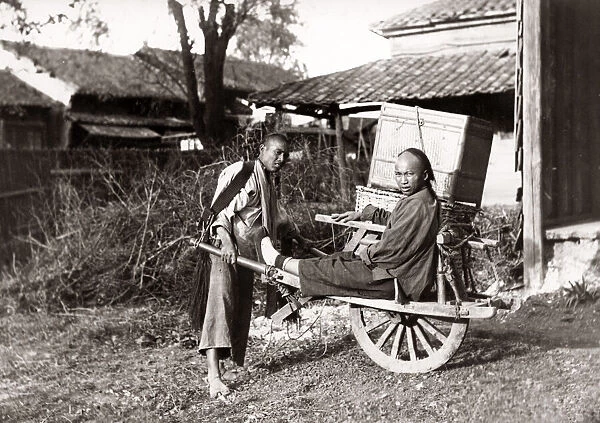 c. 1890 China - Chinese wheelbarrow and passenger