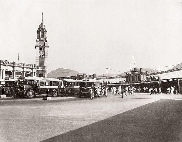 c. 1930 Hong Kong - clock tower and bus terminus