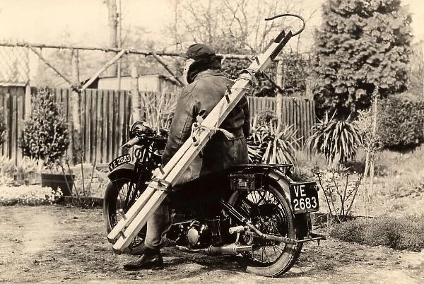 Carrying a ladder on a Sunbeam motorcycle