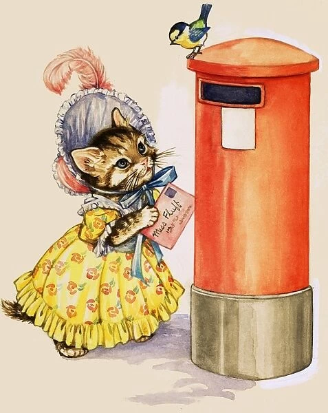 Cat in a bonnet posting a letter at a letter box