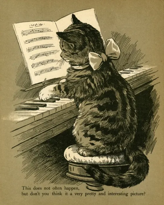 Framed Print of Tabby Cat Playing Piano Print circa 1912. Framed