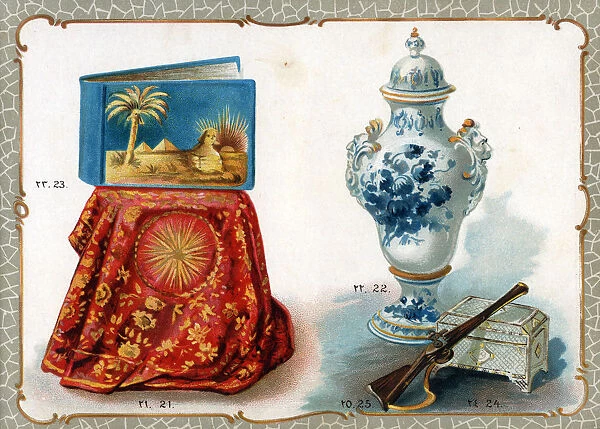 Catalogue illustration, embroidered cloth, vase, album, etc