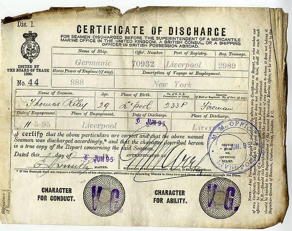 Certificate of Discharge, Liverpool, Thomas Riley