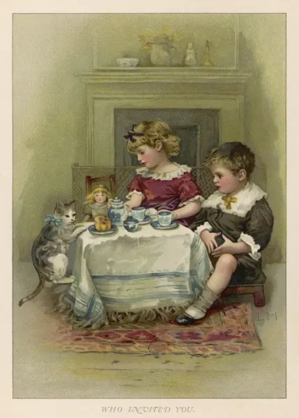 【希少・美品】1935年アメリカの小さな絵本 お人形さん達のTEA PARTY 19th Century Children's Tea Party Print: A Family Gathering