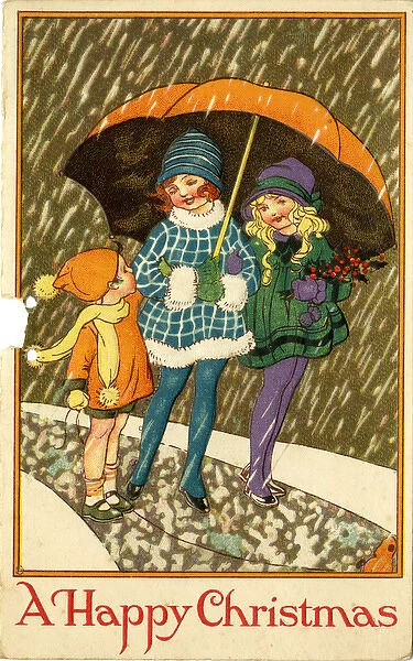 Christmas Card - children under umbrella in snow