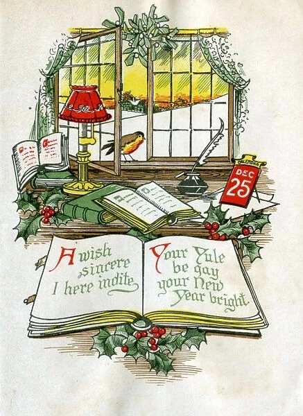 Christmas card with desk, window and robin