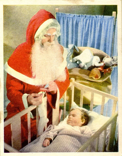 Christmas card, Santa Claus visiting baby in cot