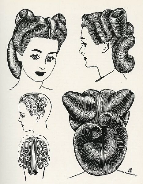 Circular roll hairstyle 1940s. Available as Framed Prints, Photos, Wall Art  and other products #8189663