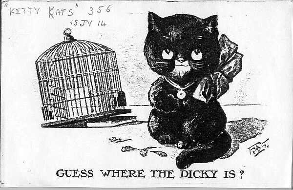 Comic postcard, Cat and empty birdcage - Guess where the Dicky is? Date: 1914