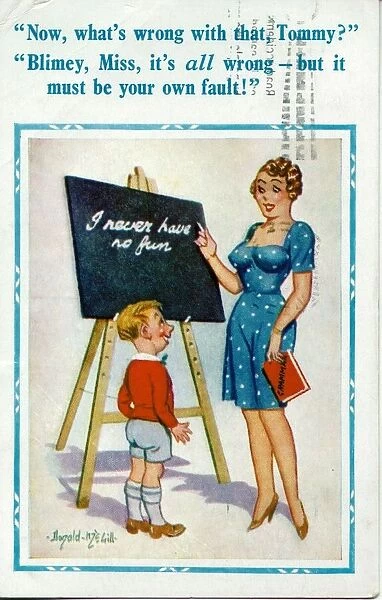 Comic postcard, Little boy and teacher