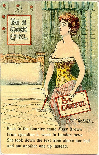 Comic postcard, Pretty woman in her bedroom - Be Careful Date: 20th century