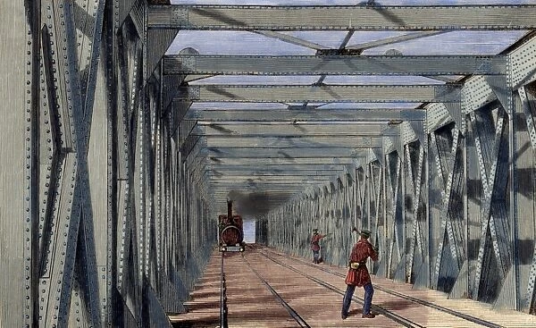 Construction of the railway. Engraving, 1860. Colored