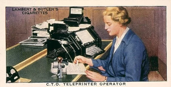 A CTO teleprinter and its operator, noting down a message. Date: 1930s
