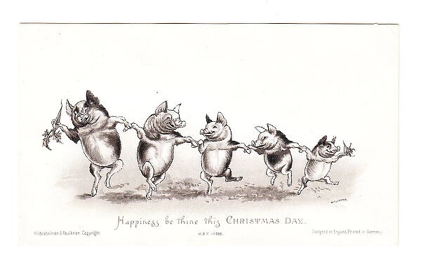 Five dancing pigs on a Christmas card