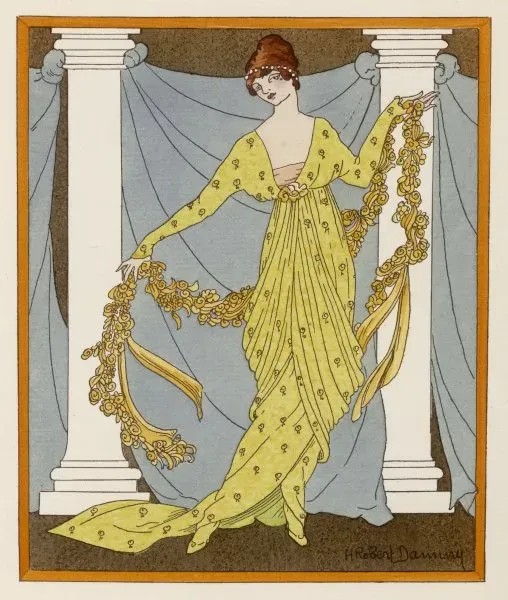 sachin and babi light blue dress Framed Print of Dinner Dress 1913 Classical Drapery Sprigged Print Robe.  Framed Print from Mary Evans