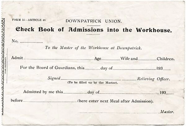 Downpatrick Workhouse Admission Ticket