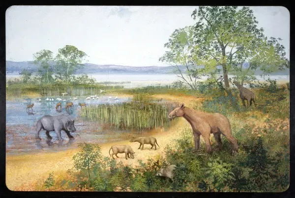 Artist's reconstruction of ancient European landscape during the Miocene epoch