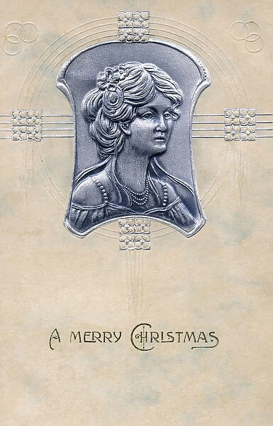 Embossed silver portrait of a Woman - Christmas Postcard