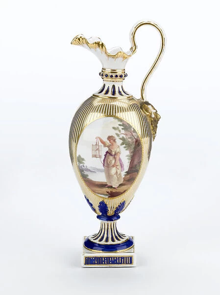 Ewer made from porcelain, painted in gold and blue on a white ground with