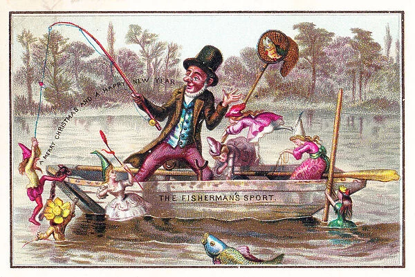 Fairies and fisherman on a Christmas and New Year card