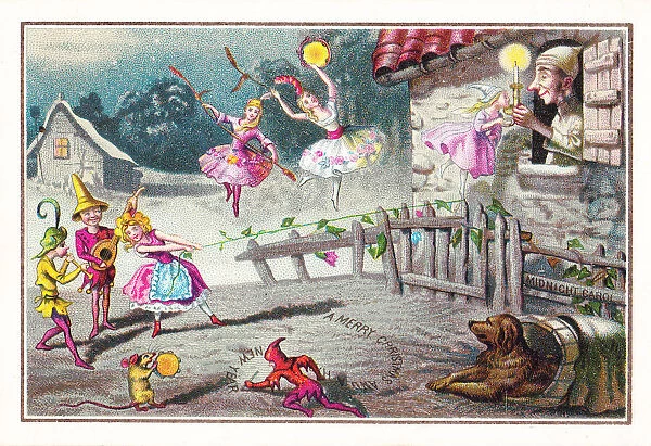 Fairies at midnight on a Christmas and New Year card