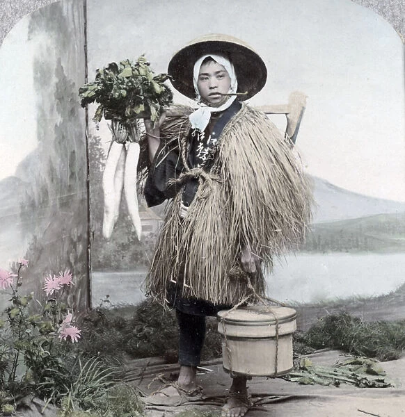 Farm labourer, grass coat and vegetables, Japan, c. 1900