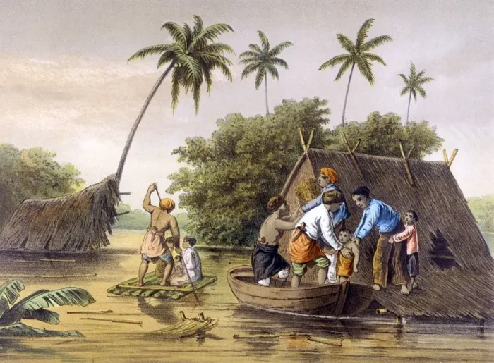 Framed Print : Flood in Java Print: Rescuing Villagers by Boat, 1883 Framed Print : Flood in Java Print: Rescuing Villagers by Boat, 1883