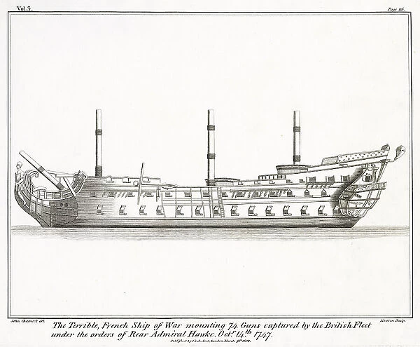 The French warship, Terrible. She was captured by the British in 1747 by Admiral Hawke. Date: circa 1750