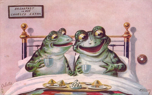 Two frogs in bed on a greetings postcard
