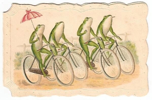 Four frogs on bicycles on a Christmas card Our beautiful pictures are  available as Framed Prints, Photos, Wall Art and Photo Gifts